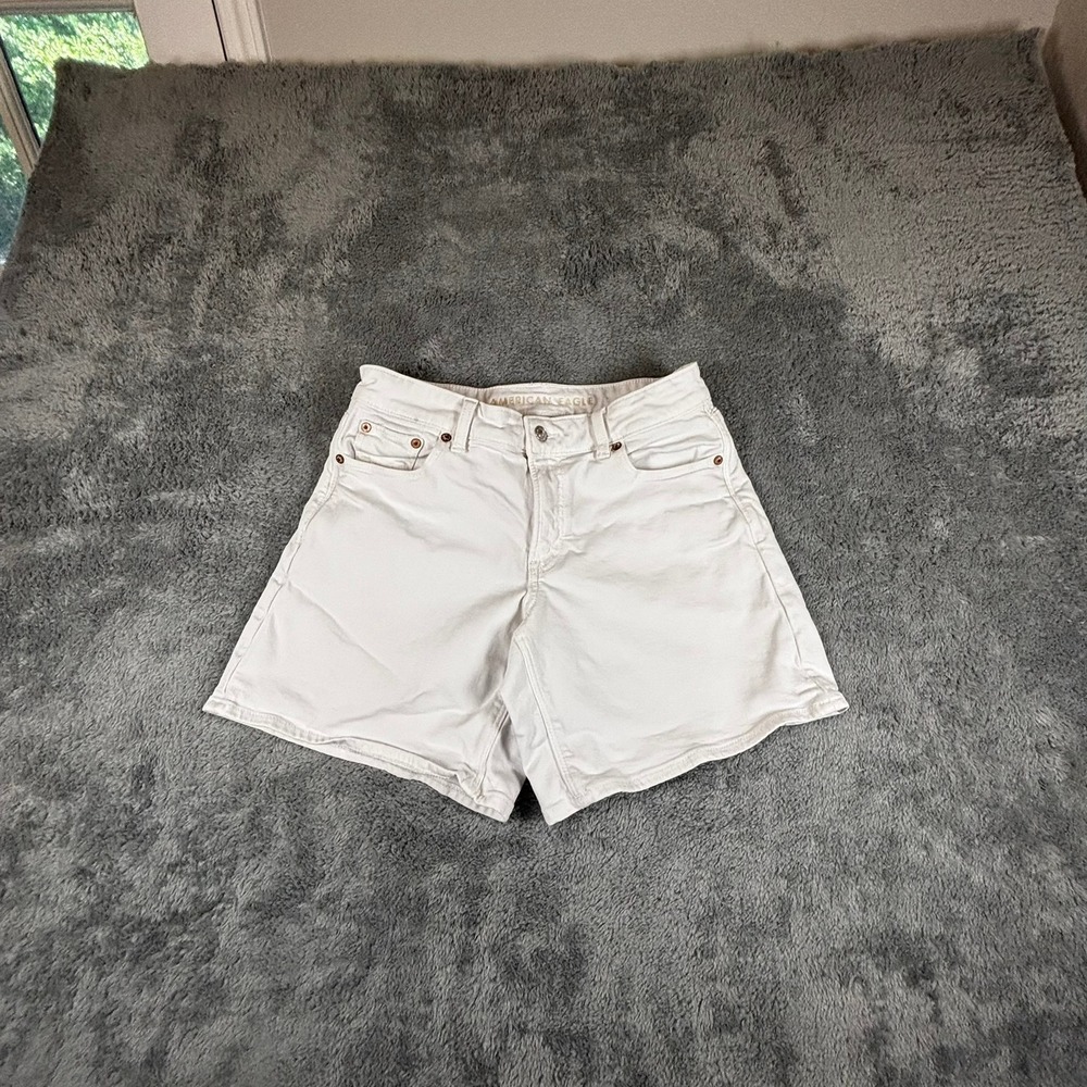 American Eagle White Denim Stretch Shorts Womens Size 0 Mid Rise Five Pocket